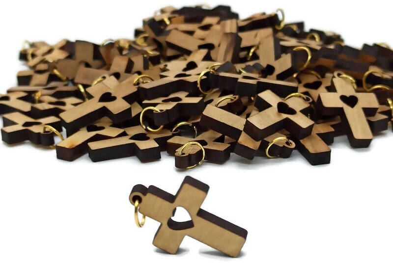 50 pcs Olive Wood Crosses love Pendant Necklace Holy Land Bethlehem Rosary Hand Made