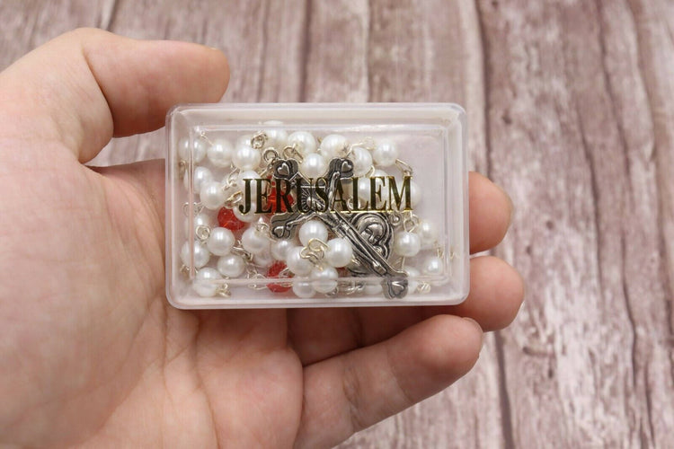 Rosary White red Beads Jerusalem Hand Made Box Gift Christianity Prayer