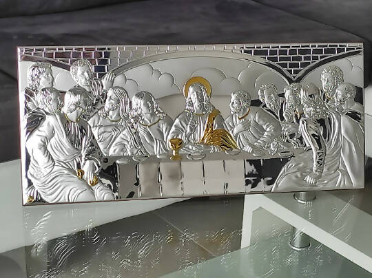 The Last Supper 23.6'' Silver 950 Holy Icon Handicraft Christian Gold and Silver with Box Made by Nicolaos