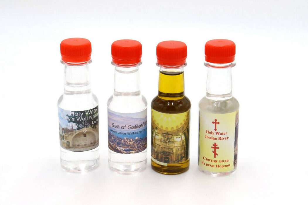 4 pc Set Bottle Holy Land Nazareth Water -Sea of Galilee Water -Jordan River Water - Holy Oil