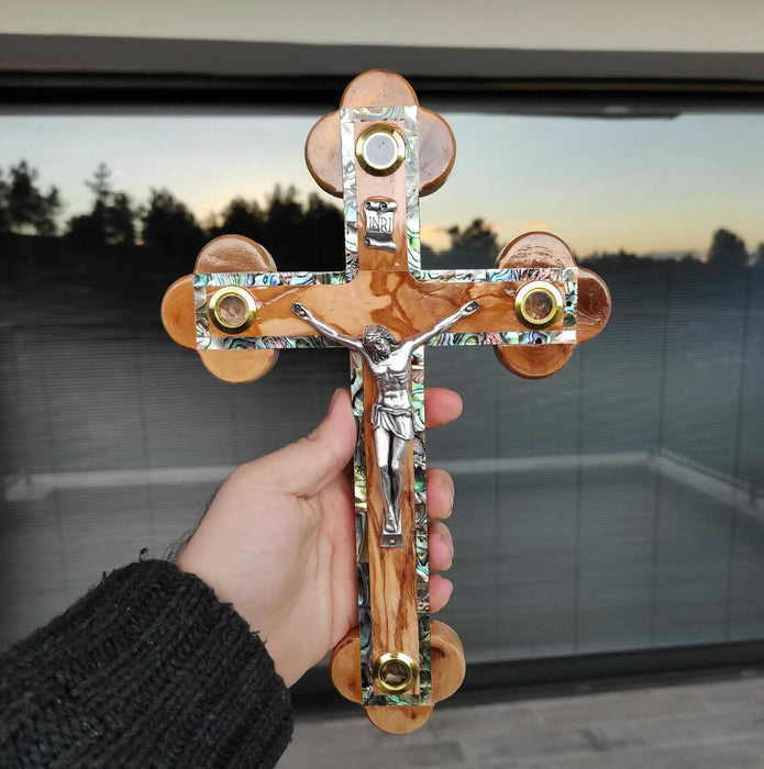 Olive Wood Frame Mother Of Pearl Cross Crucifix Hand Made Jerusalem Holy Land Christian Wall 11 Inches