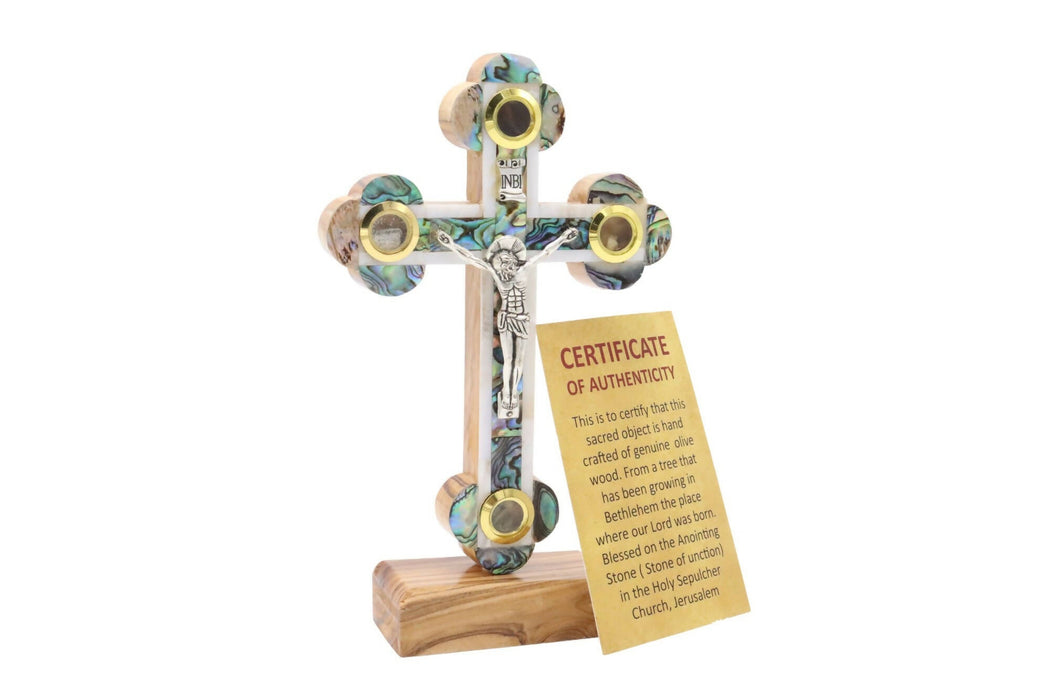 Cross Mother Of Pearl With Certificate Standing Olive Wood Hand Made from Jerusalem Holy Land
