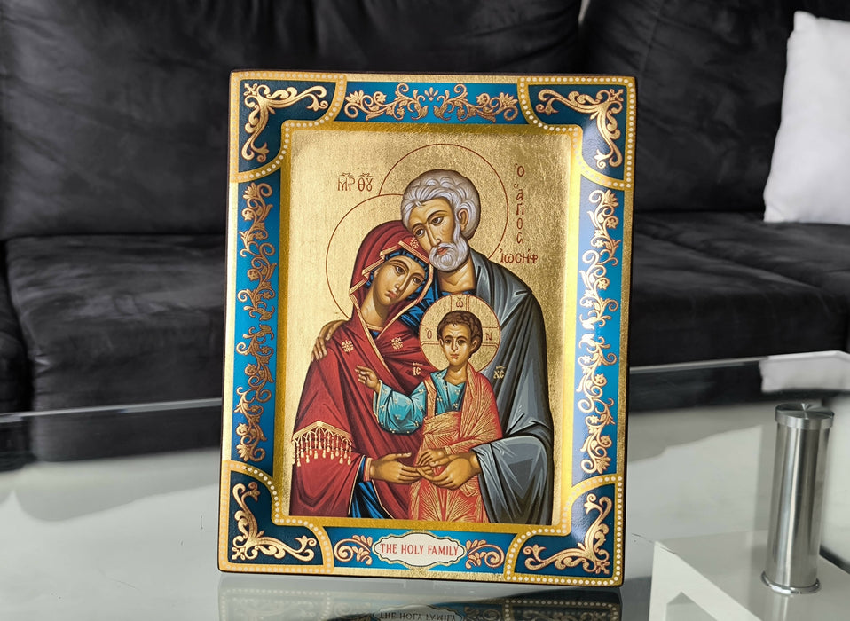 The Holy Family Icon 14.37 x 11.61 inch Gold leaf Wood Hand Made Religion Jerusalem Byzantine art Holy Land hanging \ standing Certificate