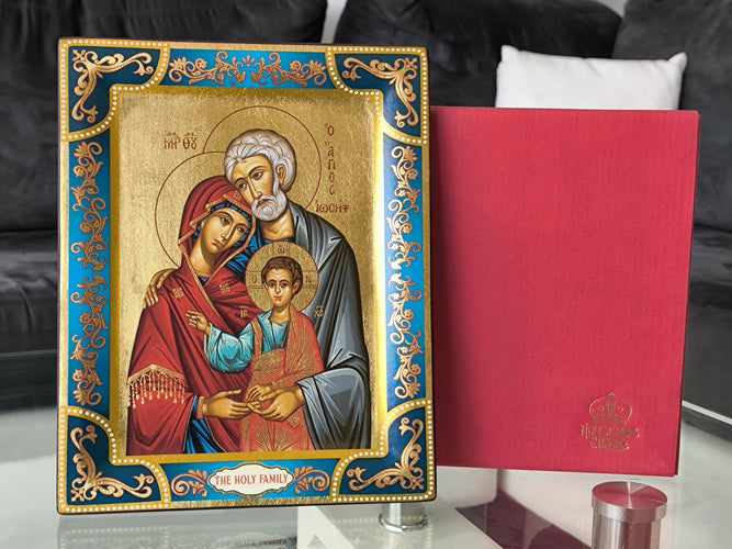 The Holy Family Icon Gold leaf Wood 7.67 x 6.10 inch Hand Made Religion Jerusalem Byzantine art Holy Land hanging \ standing Certificate