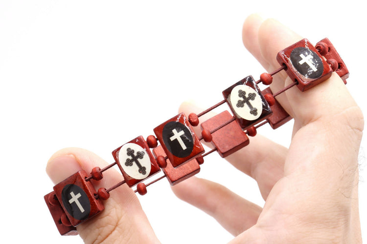 4 PCS Wood RED Bracelet Crosses Bead Stretch Holy Land Jerusalem