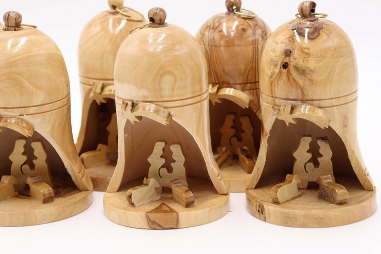 6Pcs Christmas Bell Ornaments Tree Nativity Big Olive Wood Hand Made Holy Land Bethlehem Decoration x6 Bell