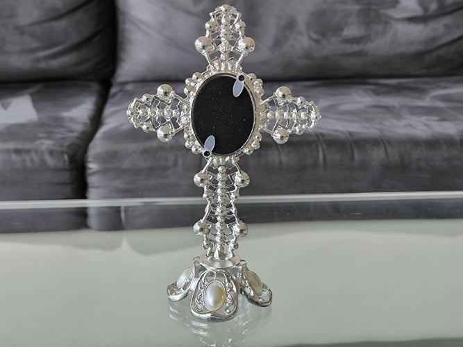 Holy Land Metal Cross Decoration Jeweled Accents Pearls Mary Icon Gift silver Religion Home Blessed