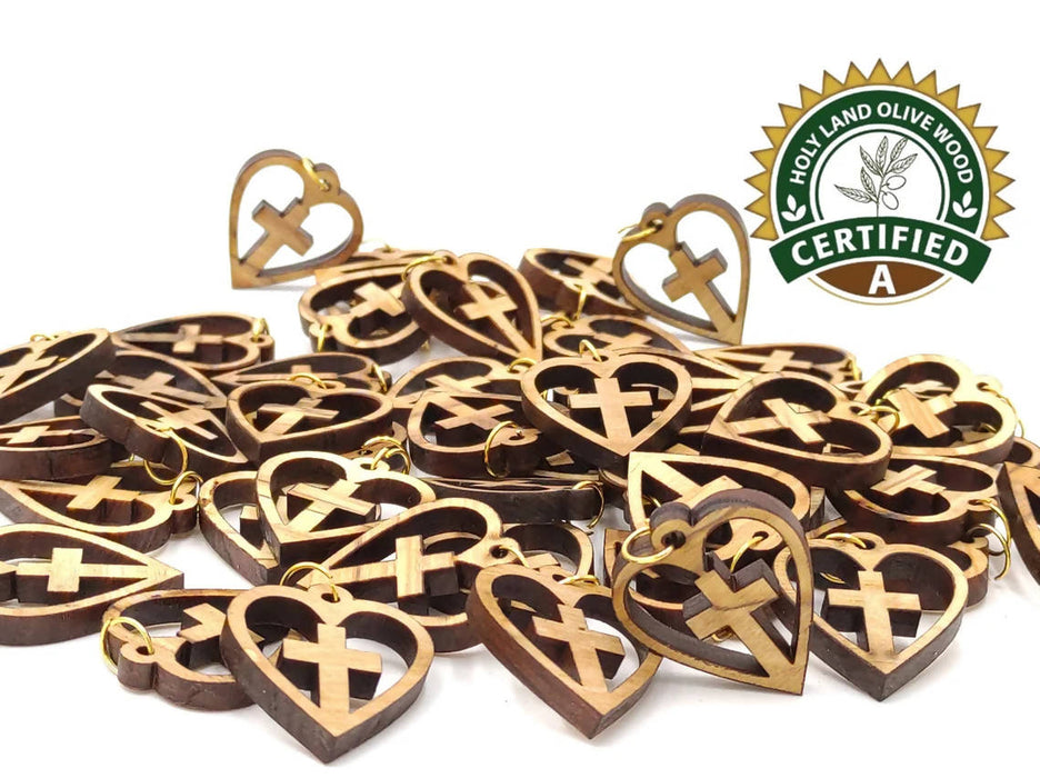 Lot 50 Cross Heart Pendant Jerusalem Cross Olive Wood Pendant Wooden Charms Religious Jewelry Rosary Making