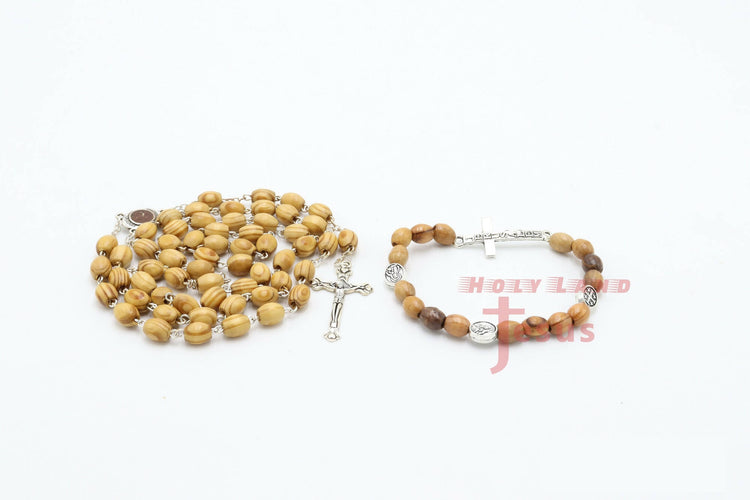 Rosary with Bracelet Olive Wood set Hand Made Holy Land Jerusalem Cross