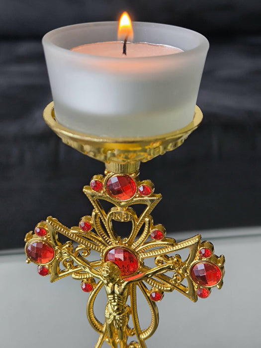 Candleholder Holy Land Metal Gold Cross Decoration Jeweled Accent Gift Crucifix Religion Home Blessed