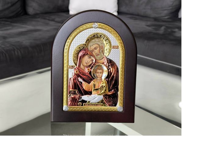 Copy of Copy of Icon The Holy Family Gold 10.23 x 7.87 inch Silver 950 Nikolaos Silver Jerusalem Colored Handicraft Christian Byzantine art hanging \ standing