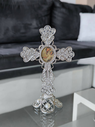 Metal Cross Holy Land Virgin mary Decoration Jeweled Accents Desktop Gift silver Religion Home Blessed