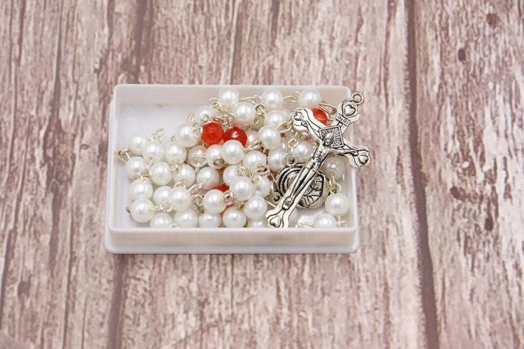 Rosary White red Beads Jerusalem Hand Made Box Gift Christianity Prayer