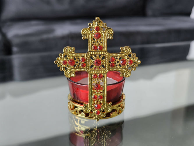 Holy Land Candleholder Metal Gold Cross Decoration Jeweled Accent Gift Crucifix Religion Home Blessed