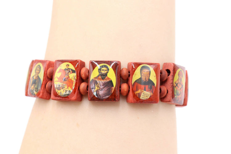 4 PCS Wood Bracelet Red all saints Beads Stretch Hand Made Holy Land Women Men