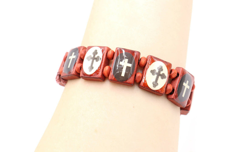 4 PCS Wood RED Bracelet Crosses Bead Stretch Holy Land Jerusalem