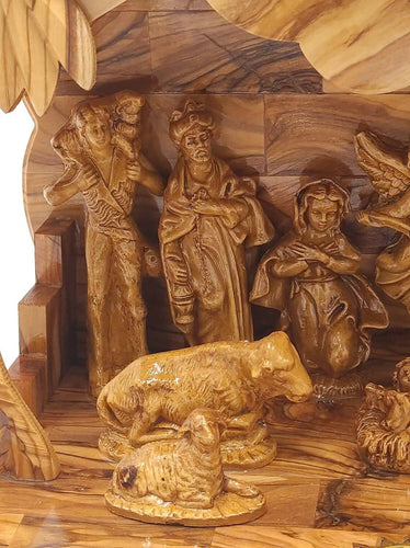 Nativity Musical Christmas 13 inch cave Jesus Birth Olive Wood Bethlehem Carved