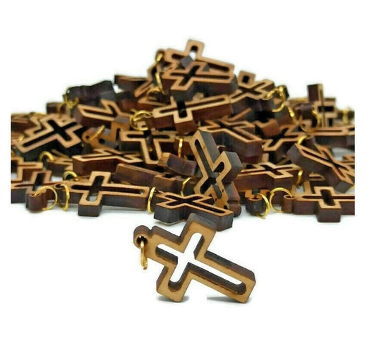 Lot 50 carved Jesus Olive Wood Cross Hand Made Holy Land Jerusalem For Necklace