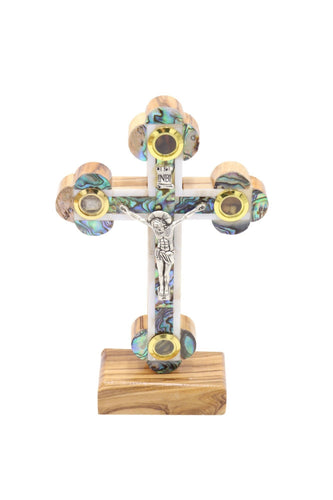 Cross Mother Of Pearl With Certificate Standing Olive Wood Hand Made from Jerusalem Holy Land