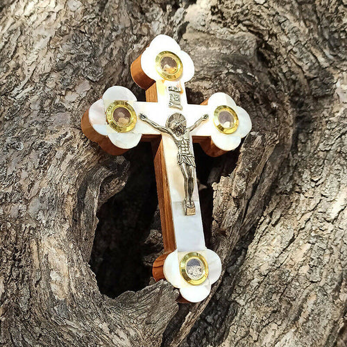 Wall Cross Mother of Pearl Crucifix Olive Wood Jerusalem Handmade Holy land