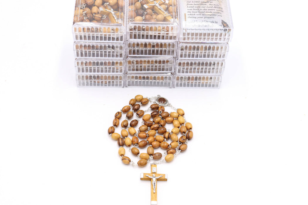 12 PCS Rosary Olive Wood Jerusalem Beads Holy Catholic Necklace Soil Crucifix