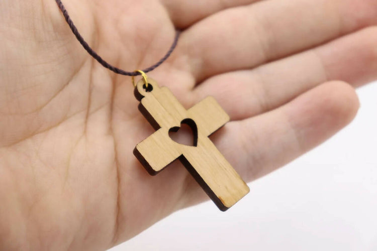 3 PCS Olive Wood Cross Hand Made Heart Pendant Necklace Holy Land Bethlehem Jerusalem Crucifix