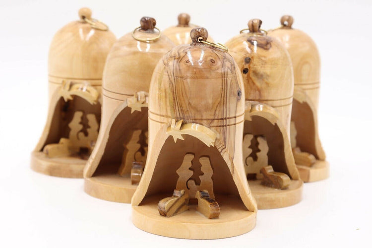 6Pcs Christmas Bell Ornaments Tree Nativity Big Olive Wood Hand Made Holy Land Bethlehem Decoration x6 Bell