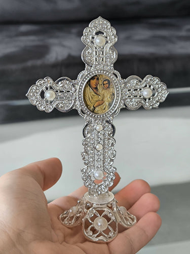 Metal Cross Holy Land Virgin mary Decoration Jeweled Accents pearls Desktop Gift silver Religion Home Blessed