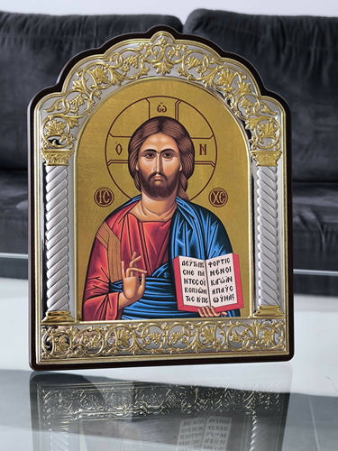 Christ Jesus Icon Gold Silver 950 Handicraft 12.20" Christian Wood Byzantine Religion Jerusalem art Holy Land hanging standing Certificate