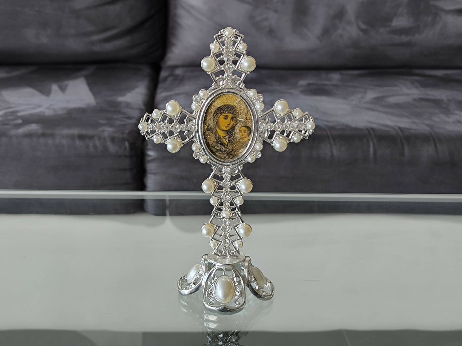 Holy Land Metal Cross Decoration Jeweled Accents Pearls Mary Icon Gift silver Religion Home Blessed