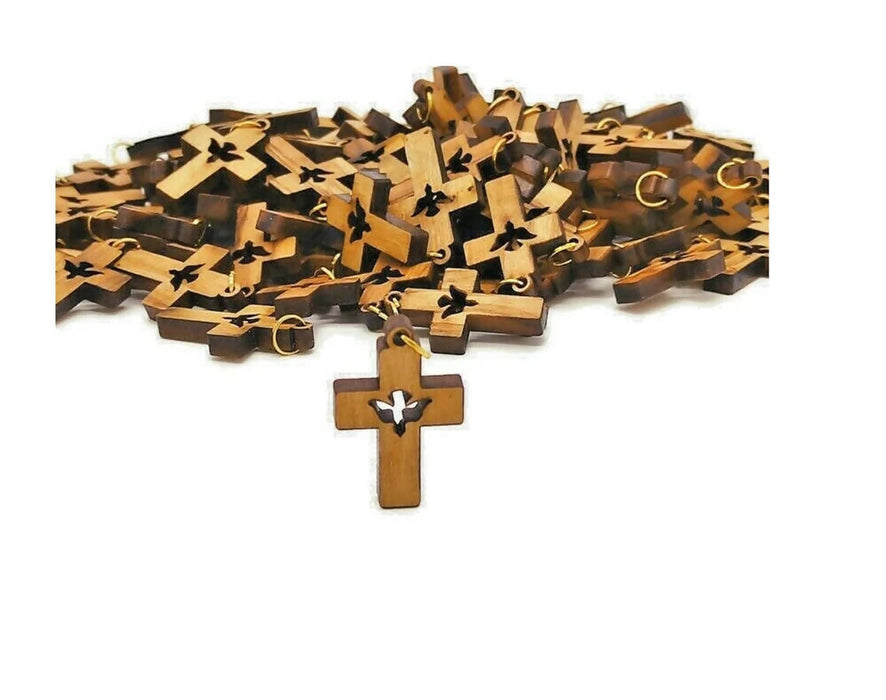 Lot 50 carved Holy Spirit Olive Wood Cross Hand Made Holy Land Jerusalem Rosary