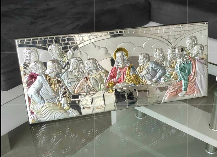 The Last Supper 19.68 inch Colored Silver 950 Holy Icon Handicraft Christian Gold and Colored with Box Made by Nicolaos