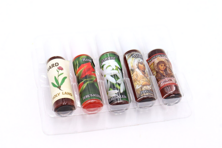 Anointing oil set 5 pcs Nard Rose Myrrh Box Gift Jasmin Amber souvenir holy land