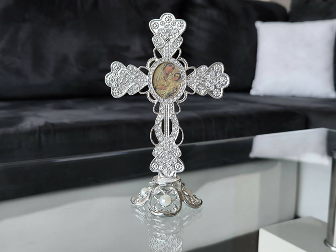 Metal Cross Holy Land Virgin mary Decoration Jeweled Accents Desktop Gift silver Religion Home Blessed