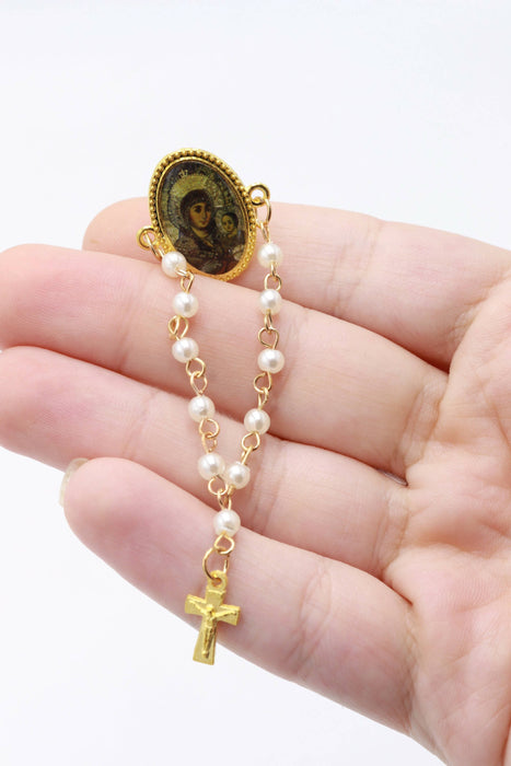 Brooch Bracelet Rosary Icon Virgin Mary Holy Land Gold Crucifix Pearl Beads