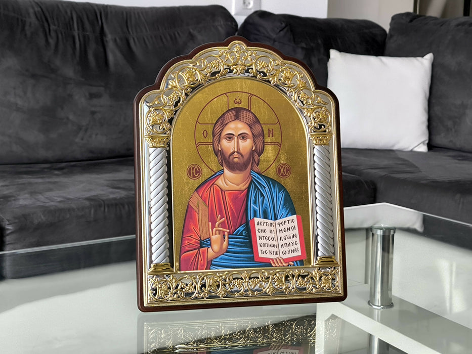 Christ Jesus Icon Gold Silver 950 Handicraft 12.20" Christian Wood Byzantine Religion Jerusalem art Holy Land hanging standing Certificate