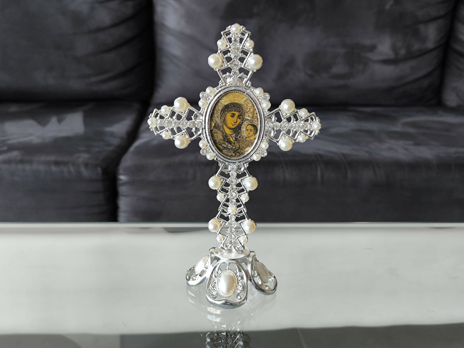 Holy Land Metal Cross Decoration Jeweled Accents Pearls Mary Icon Gift silver Religion Home Blessed
