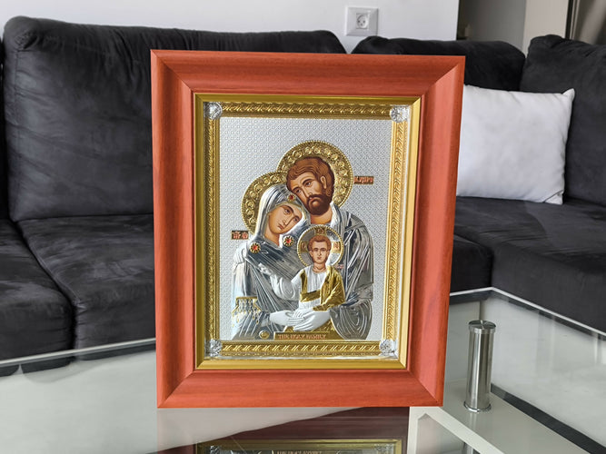 Icon Holy Family Gold Silver 950 Holy 16.14" Handicraft Wood Christian Hanging wall Christianity religion Hand Made