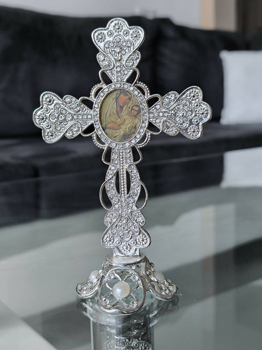 Metal Cross Holy Land Virgin mary Decoration Jeweled Accents Desktop Gift silver Religion Home Blessed