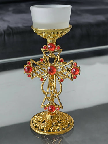 Candleholder Holy Land Metal Gold Cross Decoration Jeweled Accent Gift Crucifix Religion Home Blessed