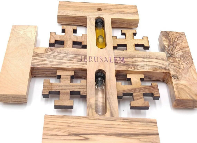 Five Fold Cross Jerusalem Cross 7 inches With Holy Oil and Water Made From Olive Wood With Certificate of Authenticity Hand Made Wall Hanging Holy Land