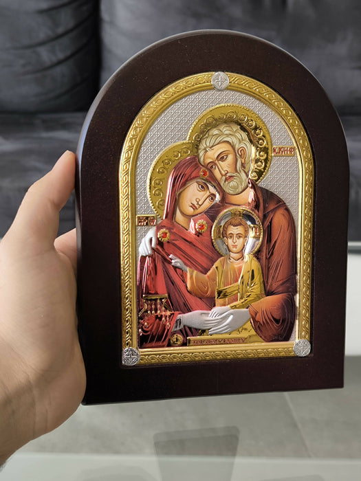 Copy of Copy of Icon The Holy Family Gold 10.23 x 7.87 inch Silver 950 Nikolaos Silver Jerusalem Colored Handicraft Christian Byzantine art hanging \ standing