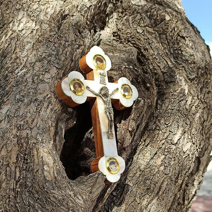 Wall Cross Mother of Pearl Crucifix Olive Wood Jerusalem Handmade Holy land
