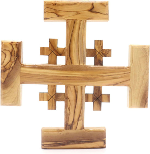 Five Fold Cross Jerusalem Cross 7 inches With Holy Oil and Water Made From Olive Wood With Certificate of Authenticity Hand Made Wall Hanging Holy Land