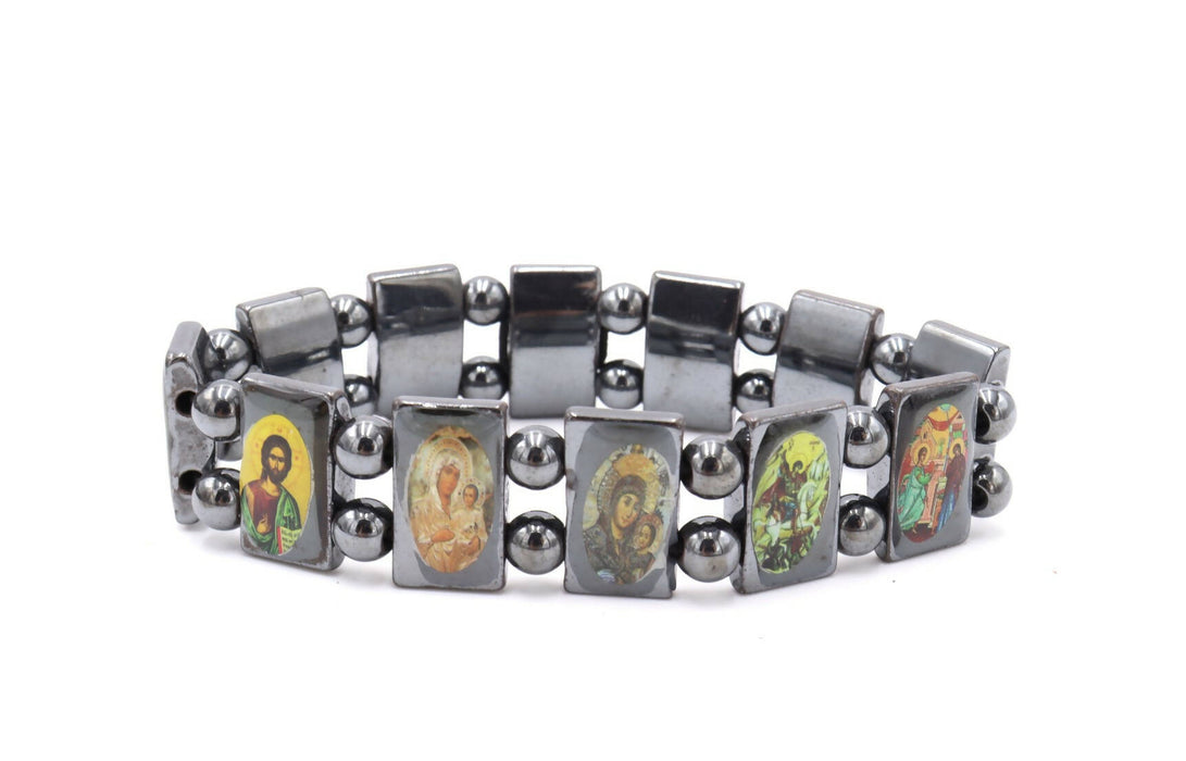 4 PCS Bracelet Black Hematite With All Saints Christian Stretch Saint Beads