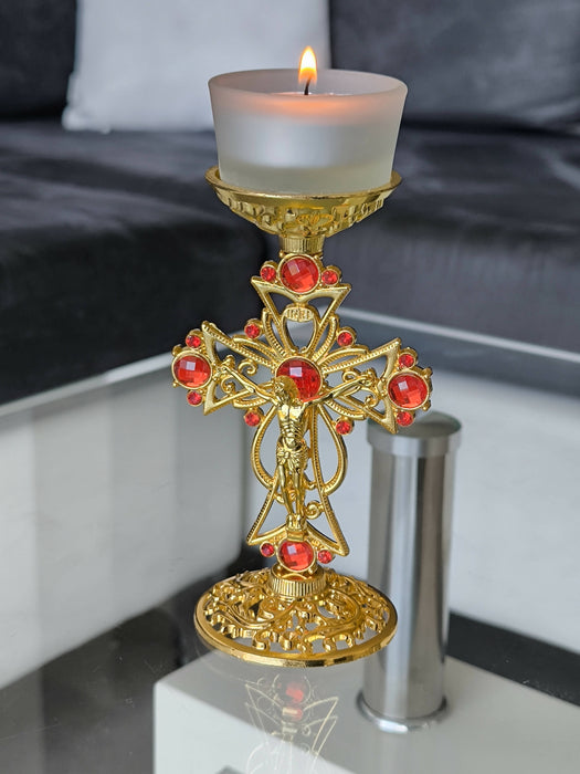 Candleholder Holy Land Metal Gold Cross Decoration Jeweled Accent Gift Crucifix Religion Home Blessed