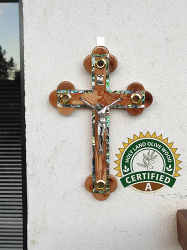 Olive Wood Frame Mother Of Pearl Cross Crucifix Hand Made Jerusalem Holy Land Christian Wall 11 Inches