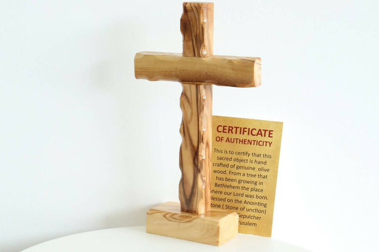 Cross 6.88" Standing Olive Wood Holy Land Jerusalem Certificate Sculpture