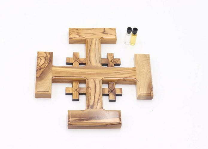 Five Fold Cross Jerusalem Cross 7 inches With Holy Oil and Water Made From Olive Wood With Certificate of Authenticity Hand Made Wall Hanging Holy Land