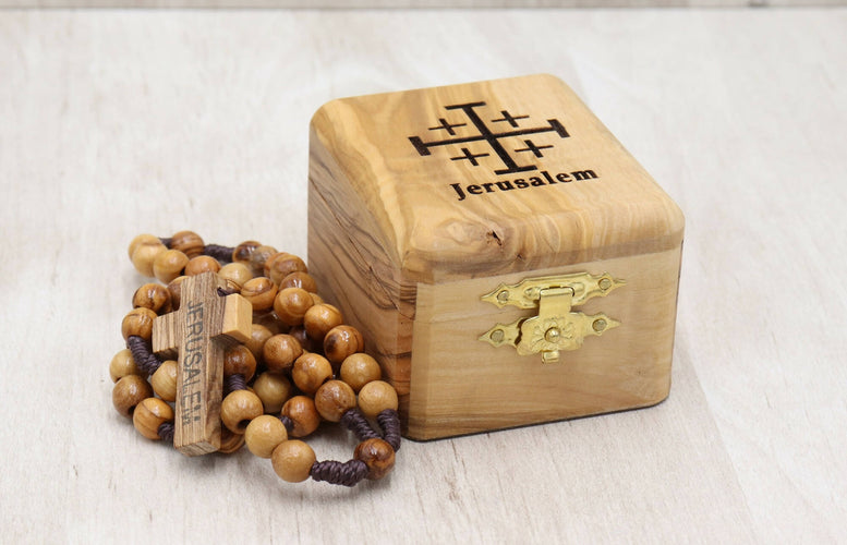 Olive Wood Box With Rosary Jerusalem Hand Carved Holy Land Christian Keepsake